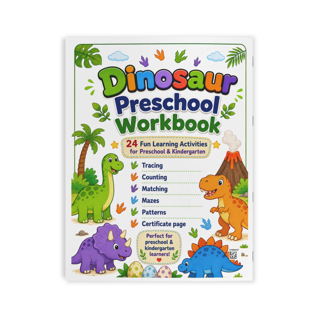 Dinosaur Preschool Workbook – 24 Pages | Printed Coloring Book