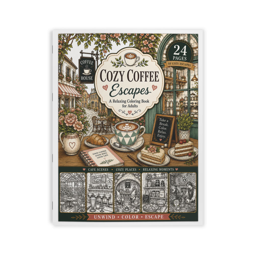Cozy Coffee Escapes Coloring Book - 24 Pages
