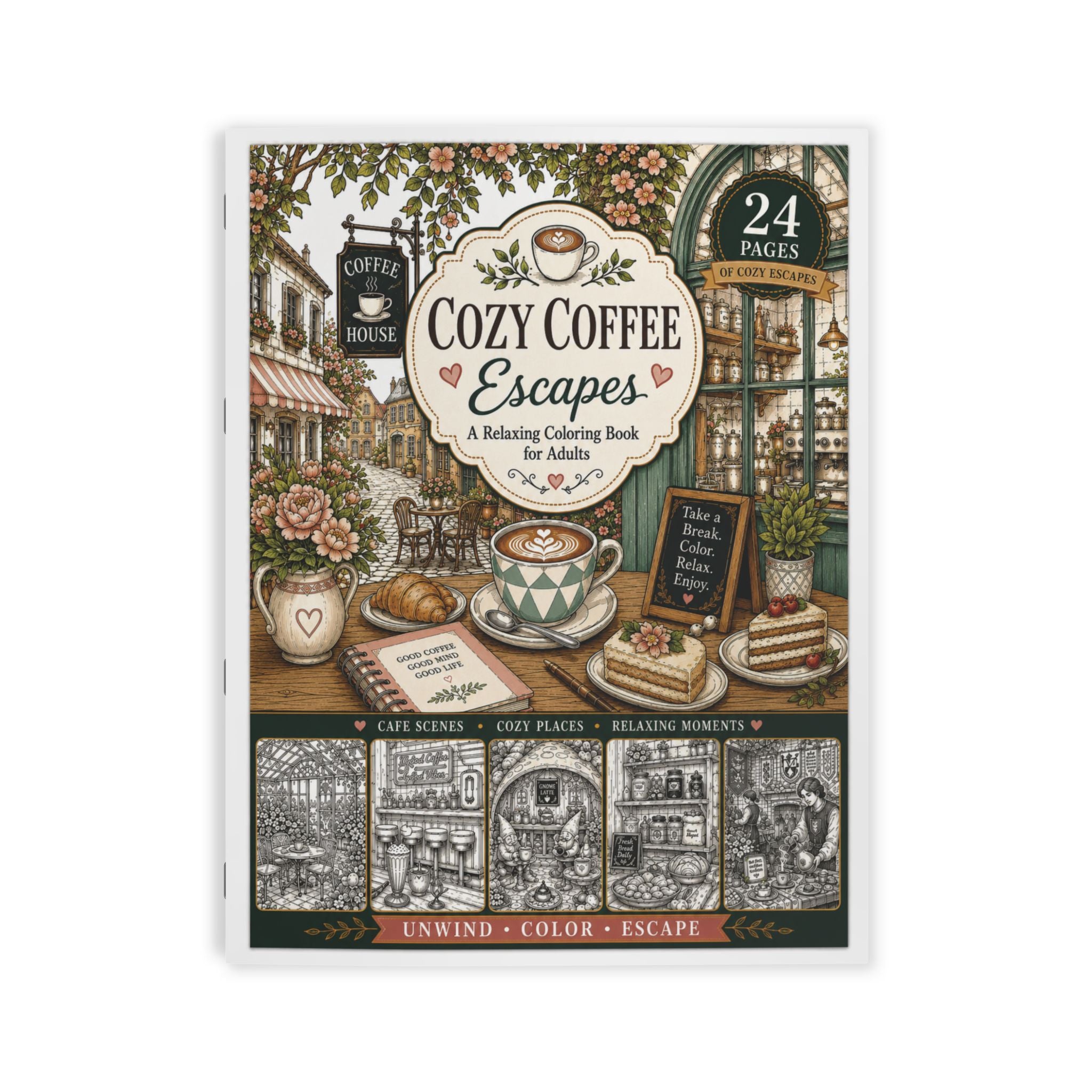 Cozy Coffee Escapes Coloring Book - 24 Pages