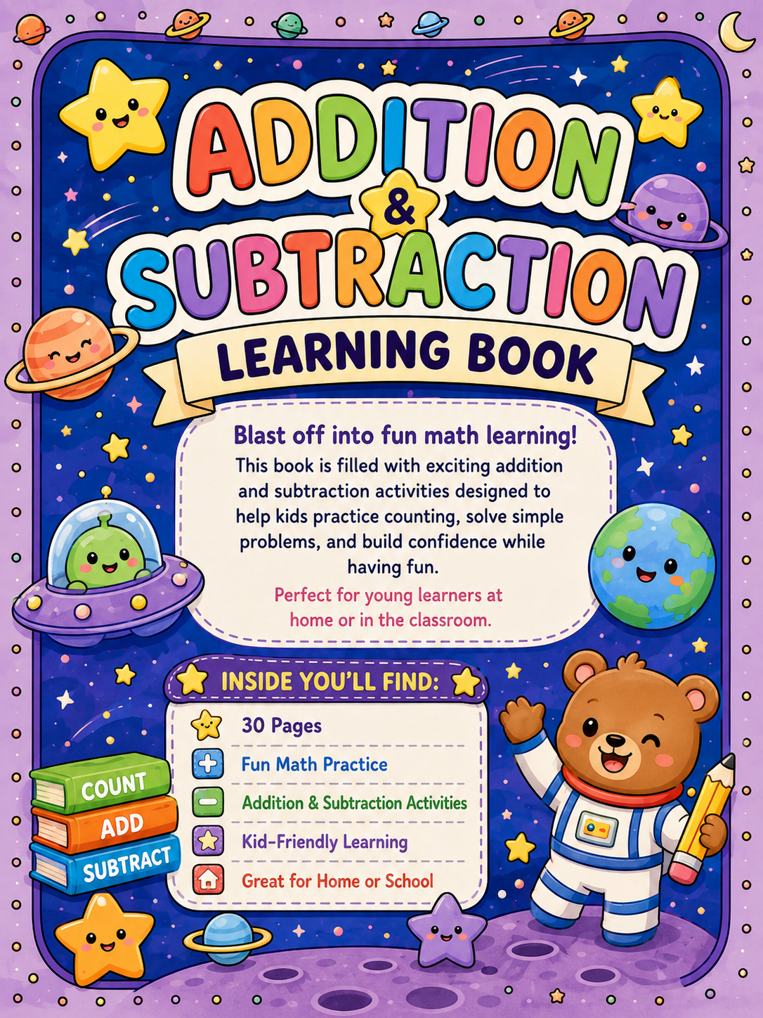 Addition & Subtraction Learning Book – Digital Download – 30 Printable Coloring Pages (PDF)