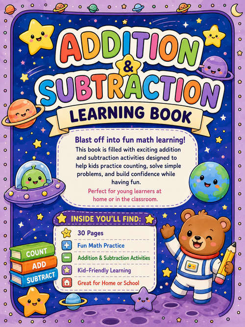 Addition & Subtraction Learning Book – Digital Download – 30 Printable Coloring Pages (PDF)