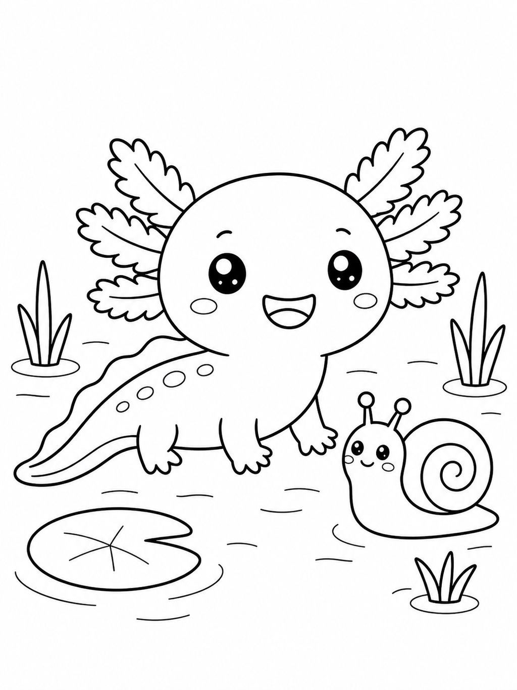 Happy Axolotl Adventures Coloring Book - 30 Printable PDF Pages (US Letter Size: 8.5" × 11")