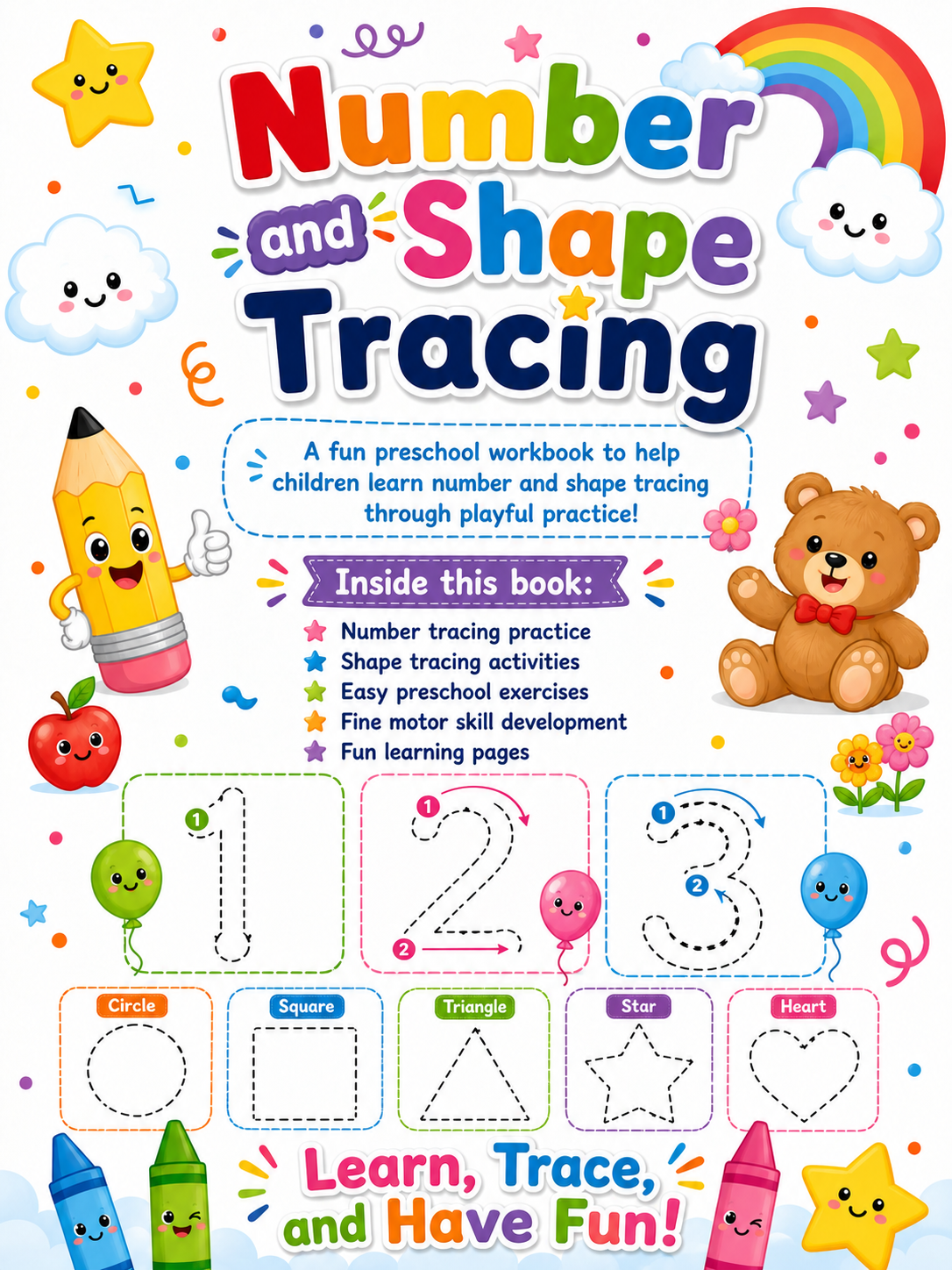 Number and Shape Tracing – 20 Printable Coloring Pages (PDF)