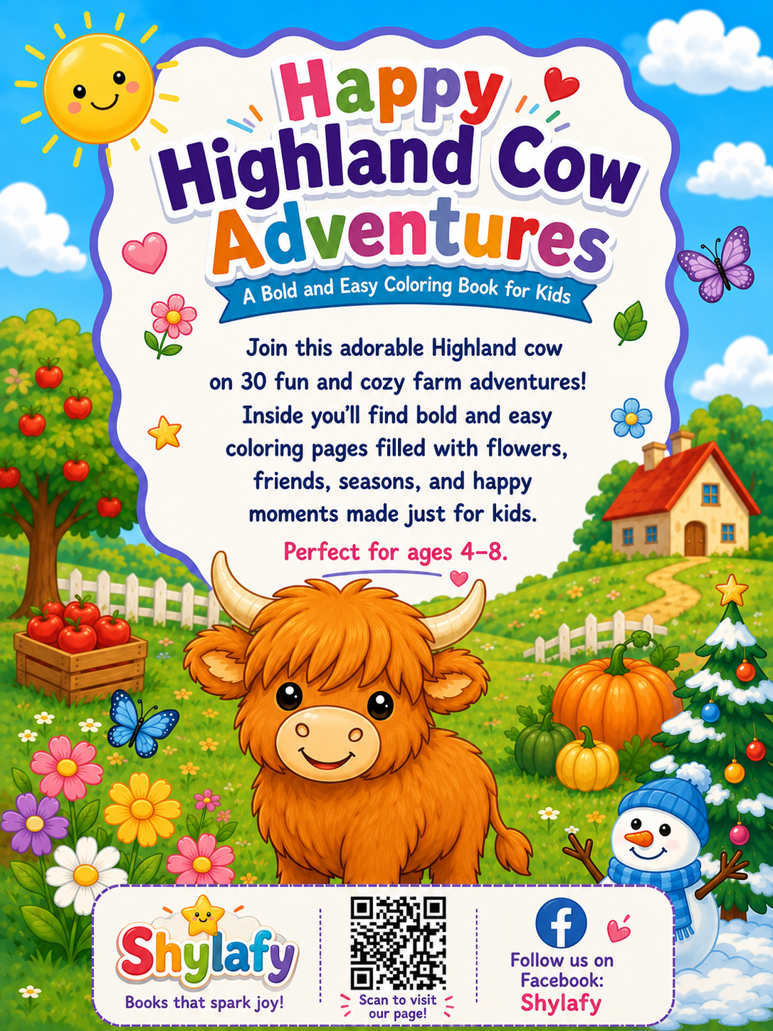 Happy Highland Cow Adventures - 30 Printable PDF Pages (US Letter Size: 8.5" × 11")