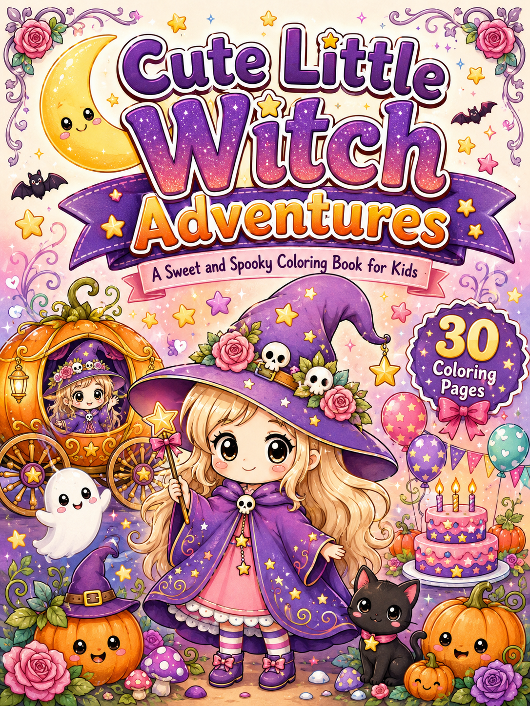 Cute Little Witch Adventures Coloring Book - 30 Printable PDF Pages (US Letter Size: 8.5" × 11")
