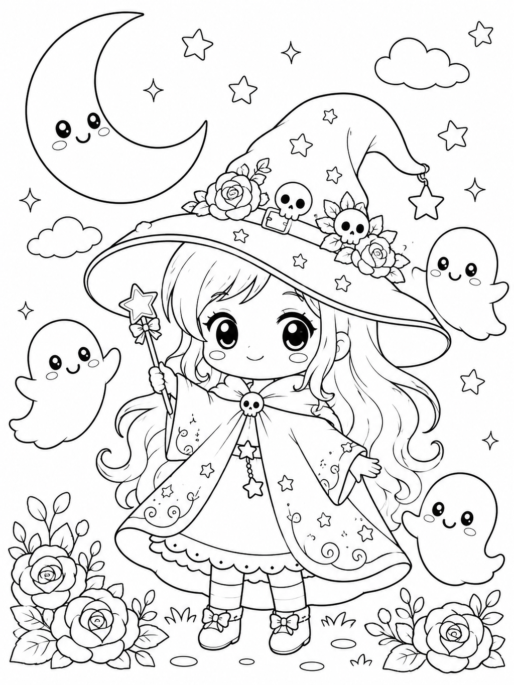 Cute Little Witch Adventures Coloring Book - 30 Printable PDF Pages (US Letter Size: 8.5" × 11")
