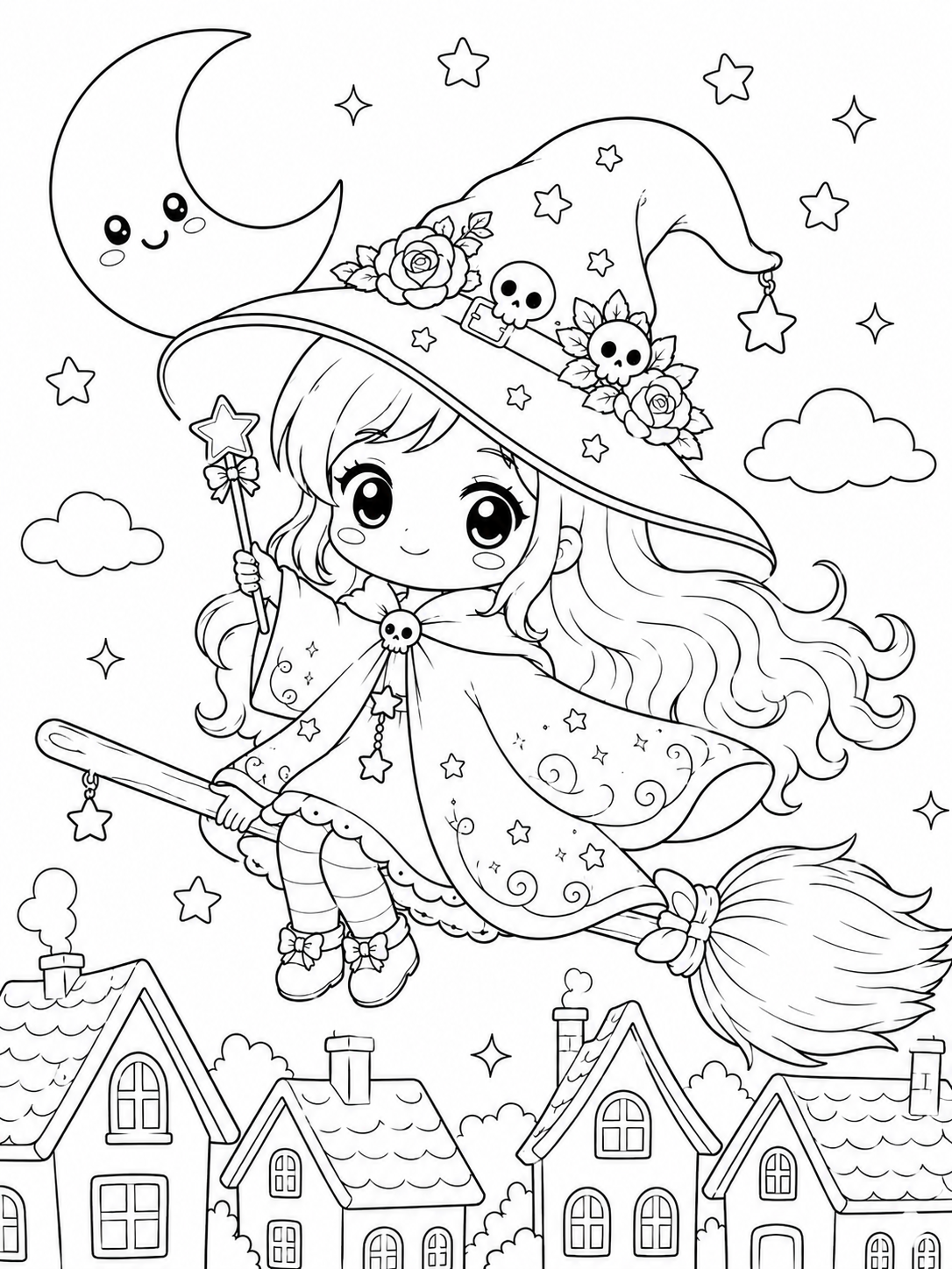 Cute Little Witch Adventures Coloring Book - 30 Printable PDF Pages (US Letter Size: 8.5" × 11")