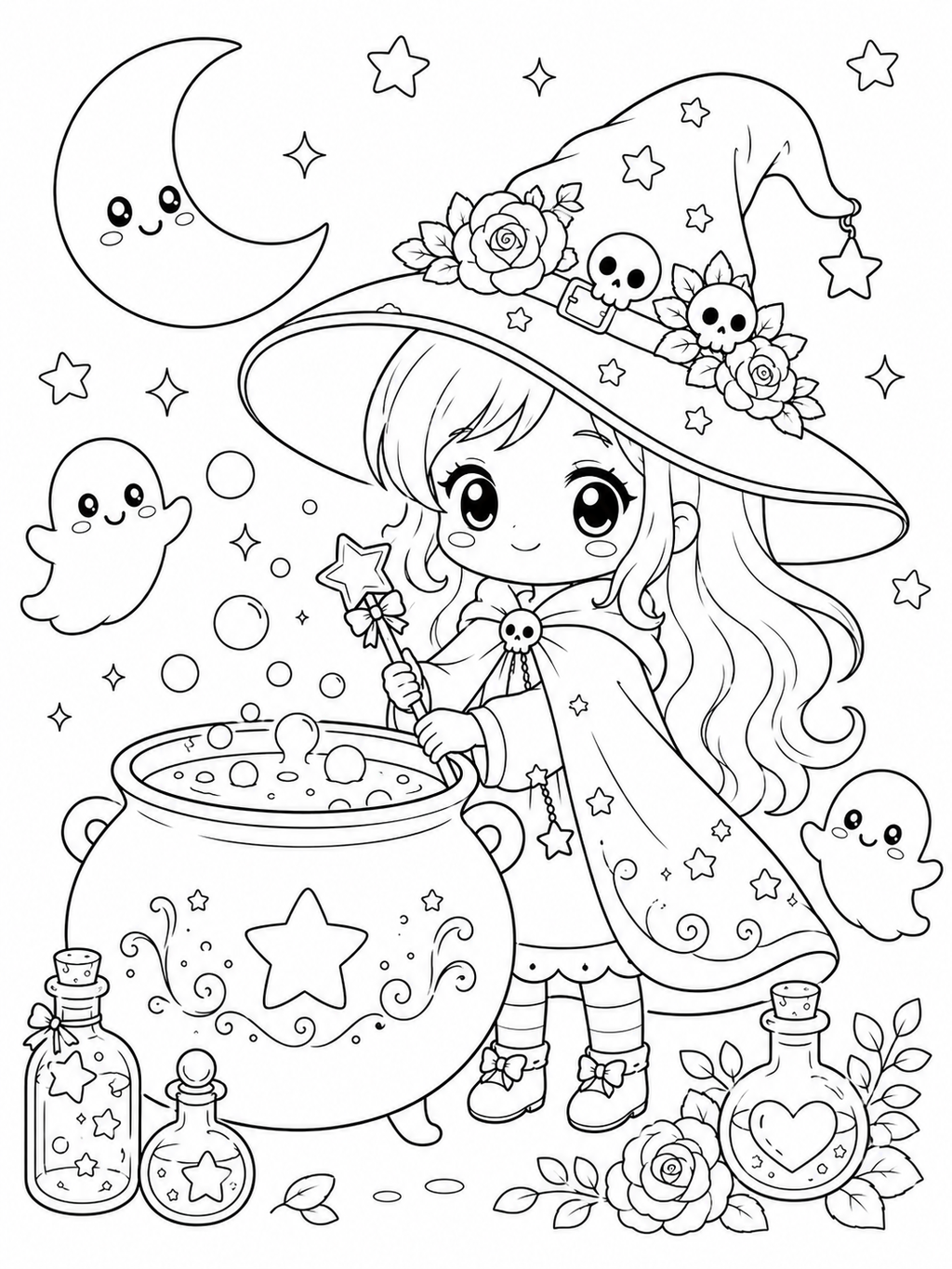 Cute Little Witch Adventures Coloring Book - 30 Printable PDF Pages (US Letter Size: 8.5" × 11")