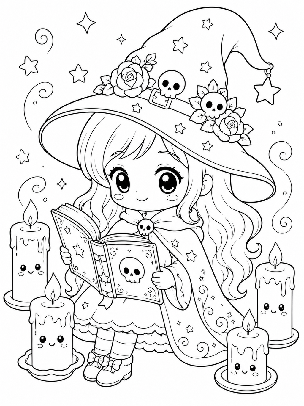 Cute Little Witch Adventures Coloring Book - 30 Printable PDF Pages (US Letter Size: 8.5" × 11")