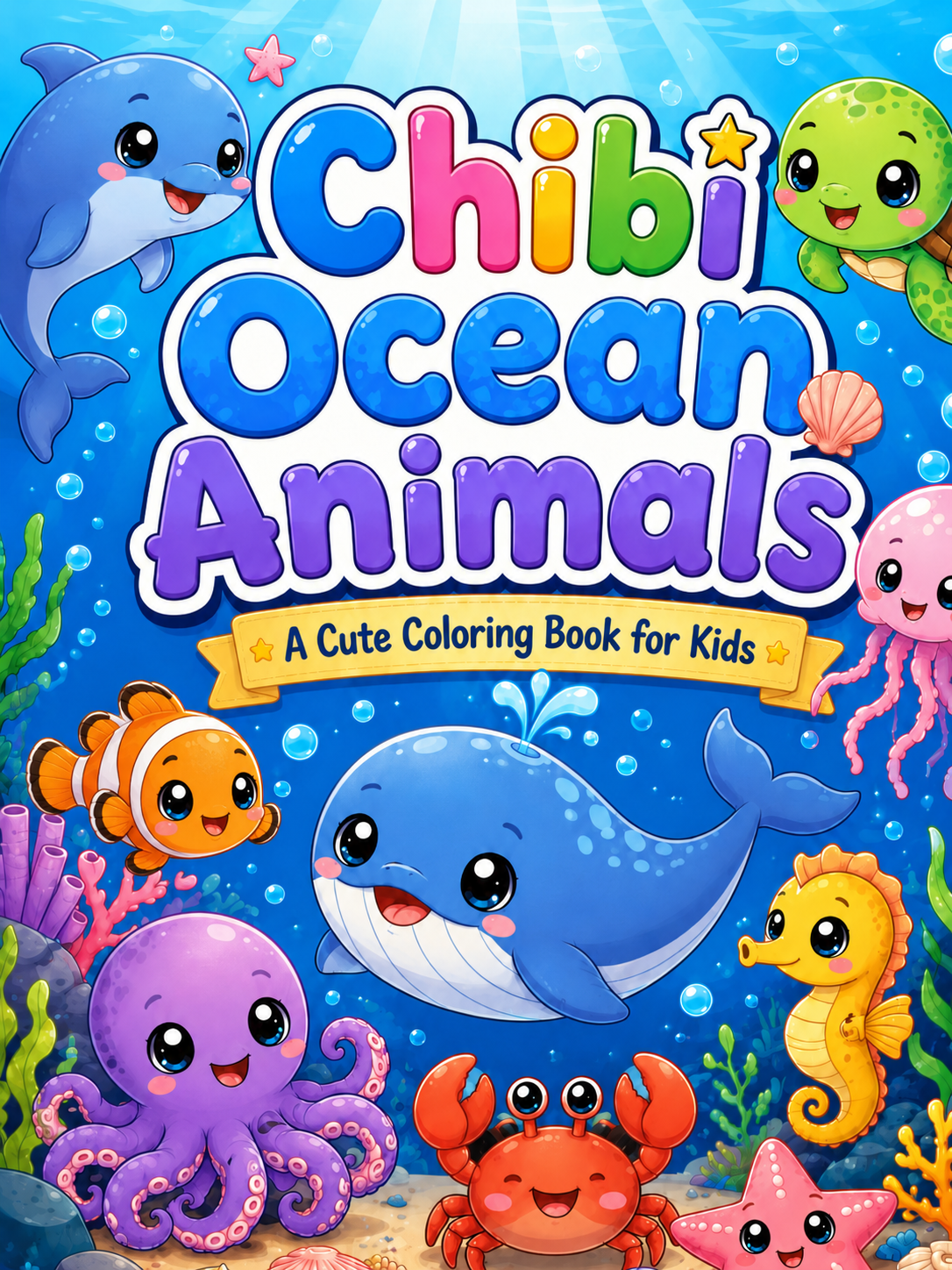 Chibi Ocean Animals Coloring Book - 30 Printable PDF Pages (US Letter Size: 8.5" × 11")