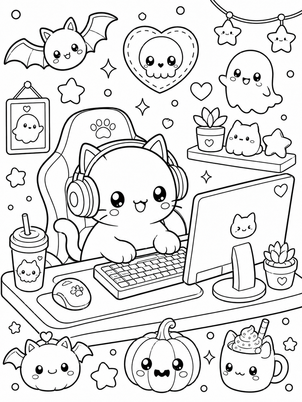 Kawaii Gaming Gadgets Coloring Book – Digital Download – 30 Printable Coloring Pages (PDF)