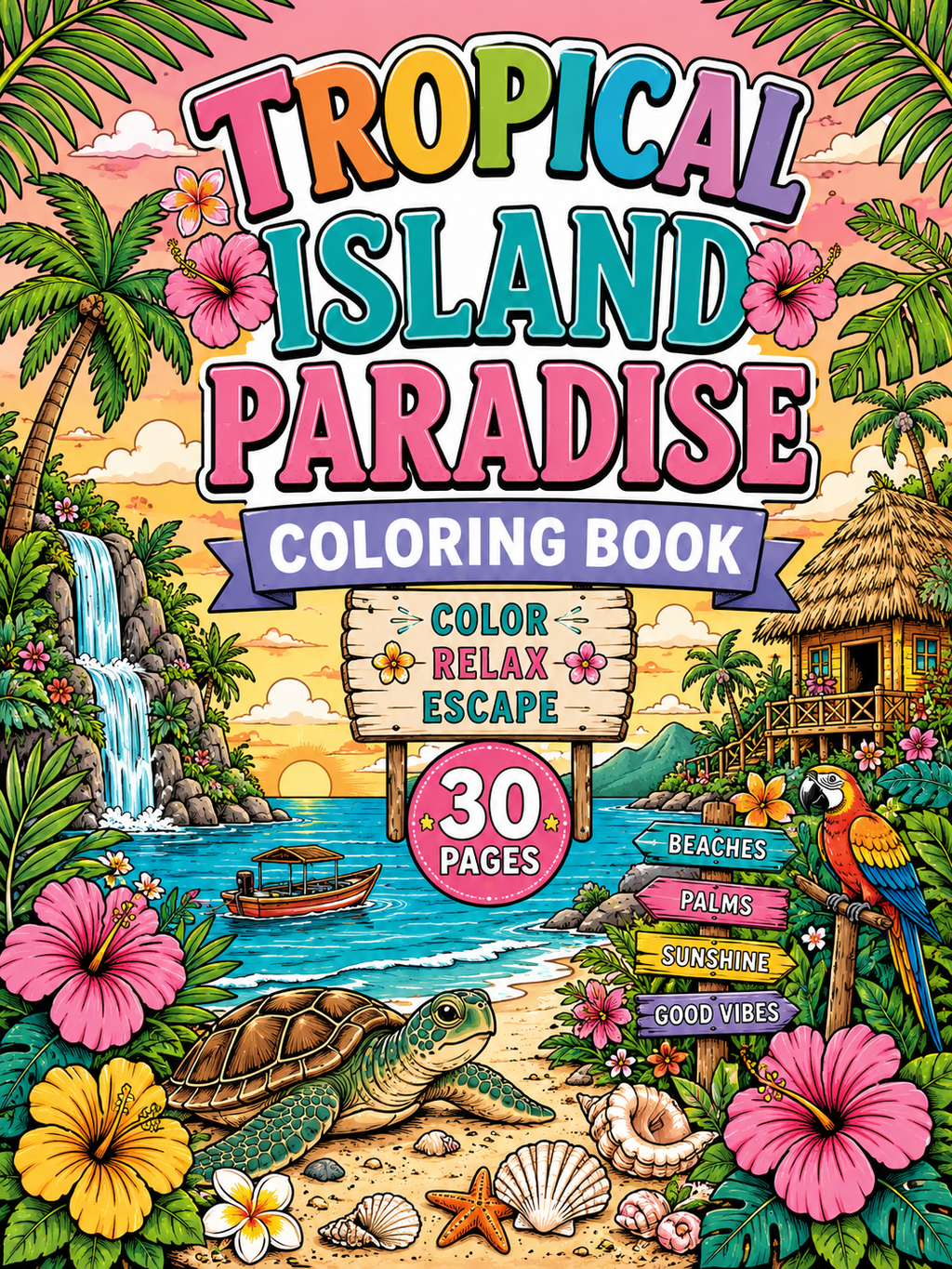 Tropical Island Paradise Coloring Book – Digital Download – 30 Printable Coloring Pages (PDF)