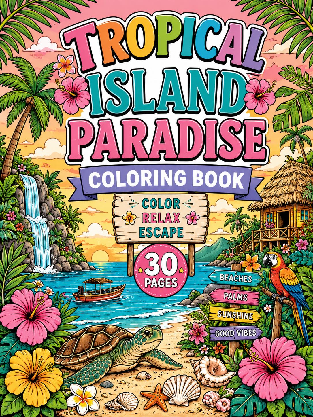 Tropical Island Paradise Coloring Book – Digital Download – 30 Printable Coloring Pages (PDF)