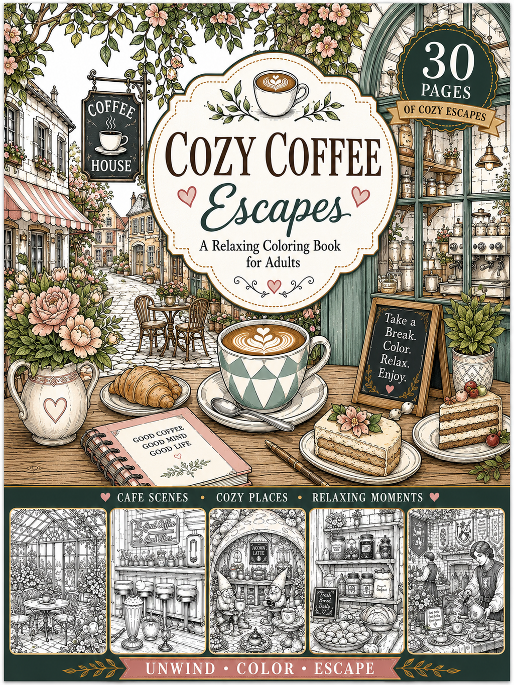 Cozy Coffee Escapes – Digital Download 30 Printable Coloring Page (PDF)
