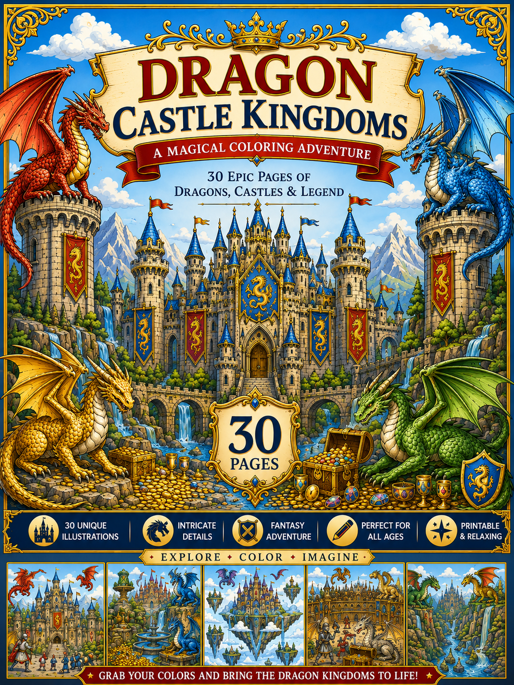 Dragon Castle Kingdoms – Digital Download – 30 Printable Coloring Pages (PDF)
