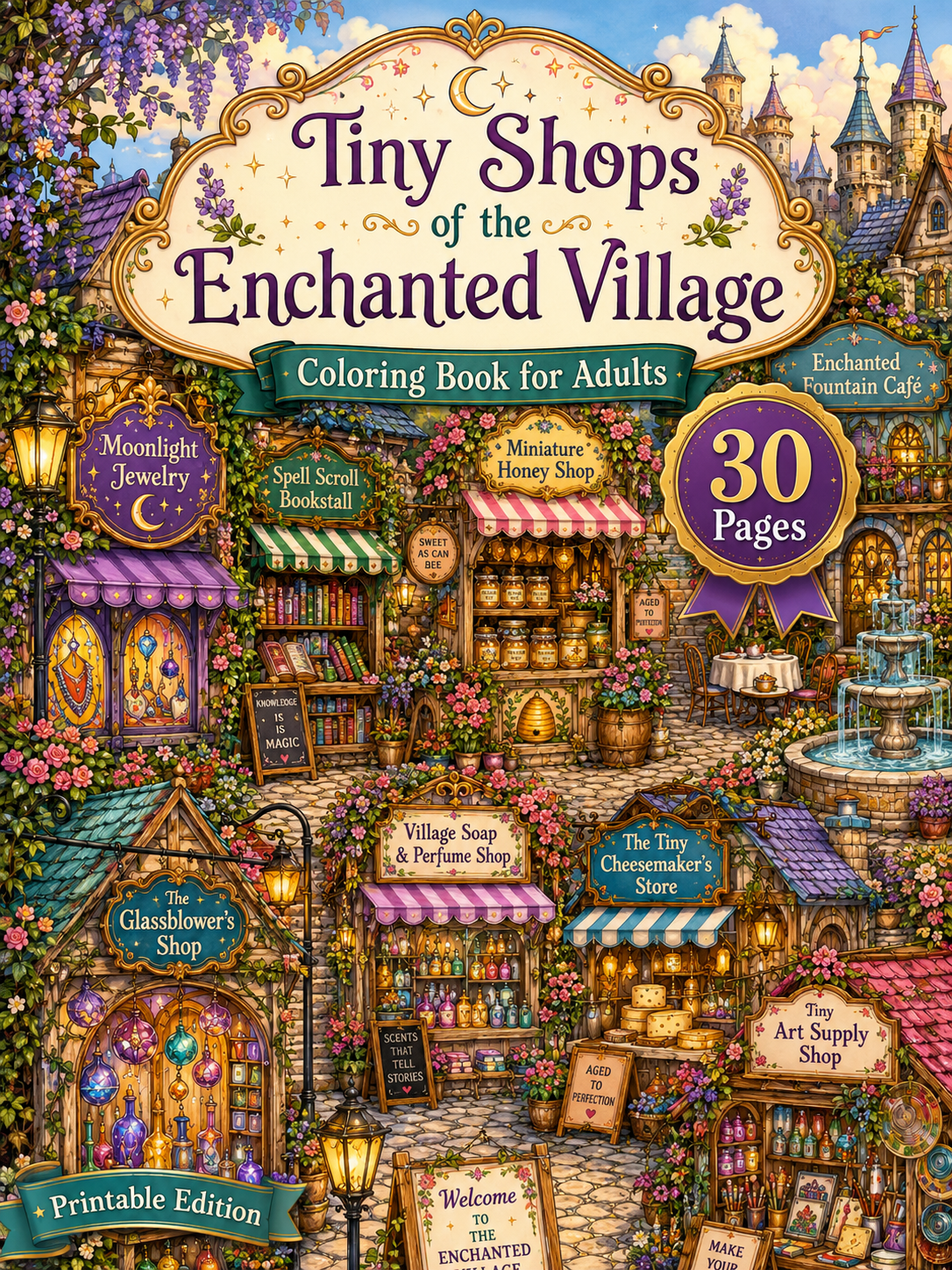 Tiny Shops of the Enchanted Village Coloring Book – Digital Download – 30 Printable Coloring Pages (PDF)