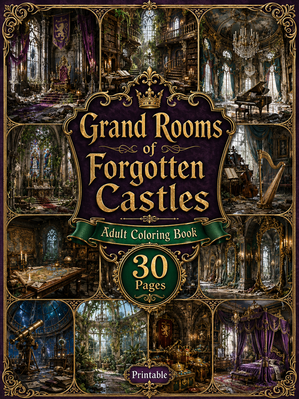 Grand Rooms of Forgotten Castles Coloring Book - 30 Printable Coloring Pages (PDF)