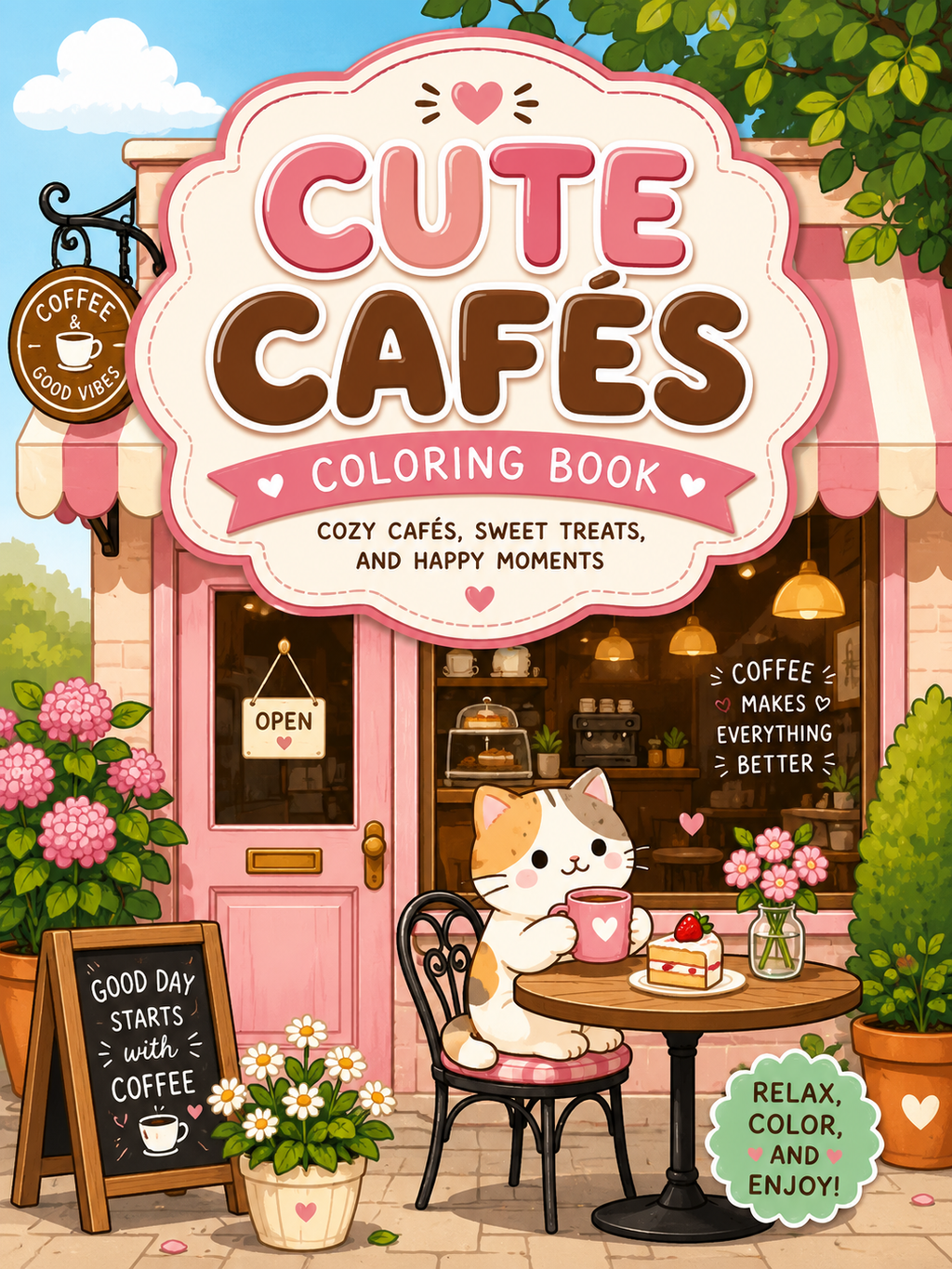 Cute Cafés Coloring Book  – Digital Download – 30 Printable Coloring Pages (PDF)