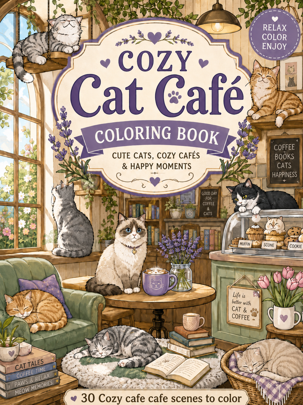 Cozy Cat Café Coloring Book – Digital Download – 30 Printable Coloring Pages (PDF)