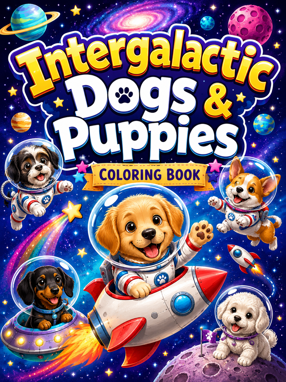 Intergalactic Dogs & Puppies Coloring Book – Digital Download – 30 Printable Coloring Pages (PDF)