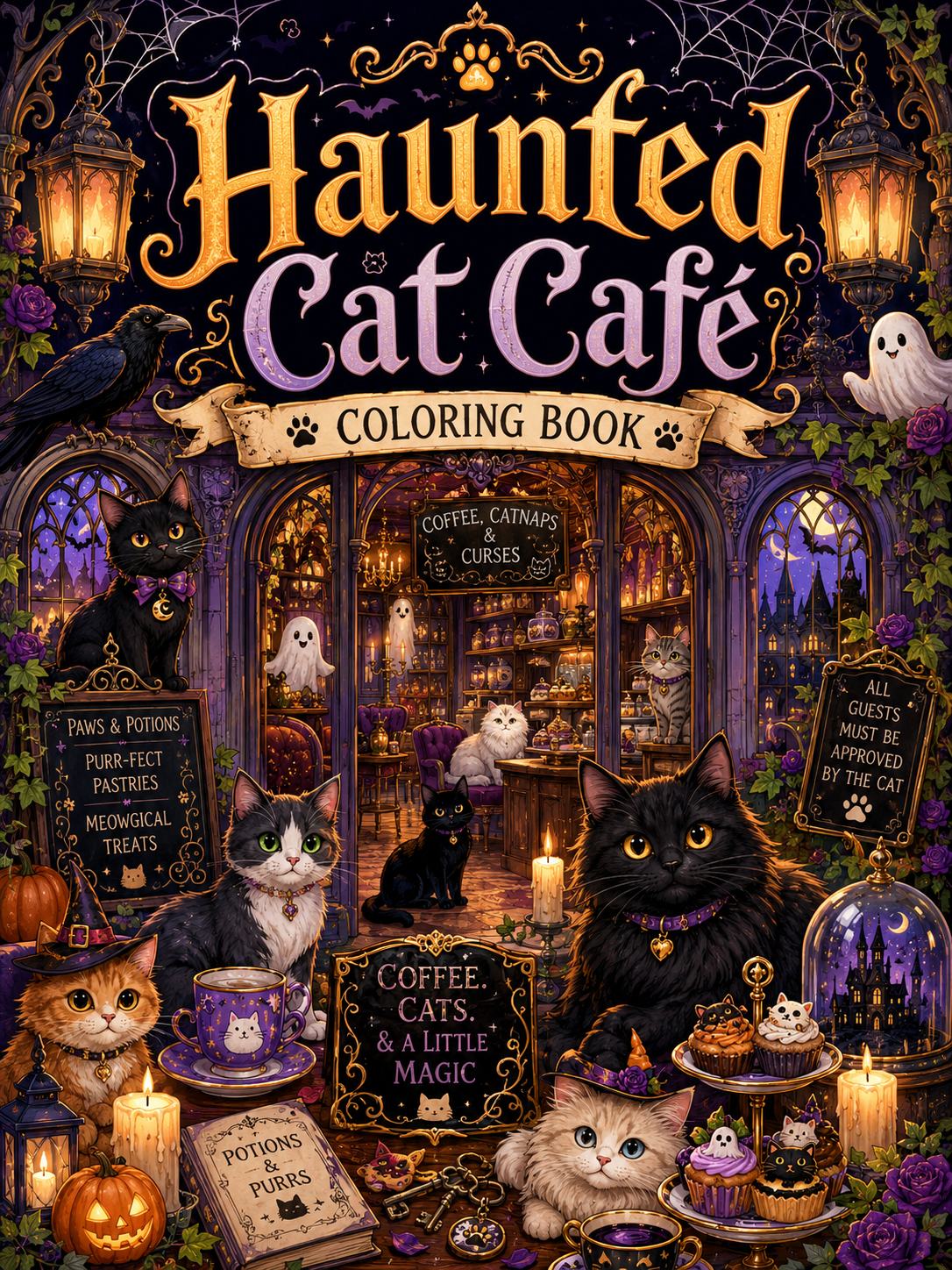 Haunted Cat Café Coloring Book – Digital Download – 30 Printable Coloring Pages (PDF)