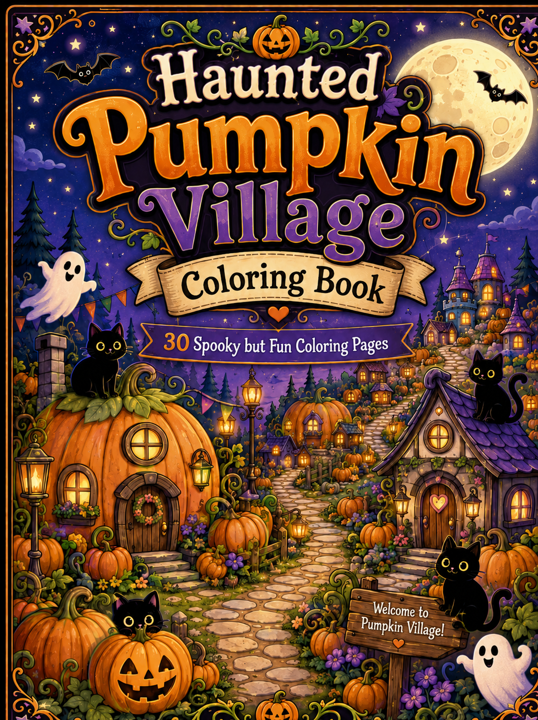 Haunted Pumpkin Village Coloring Book – Digital Download – 30 Printable Coloring Pages (PDF)