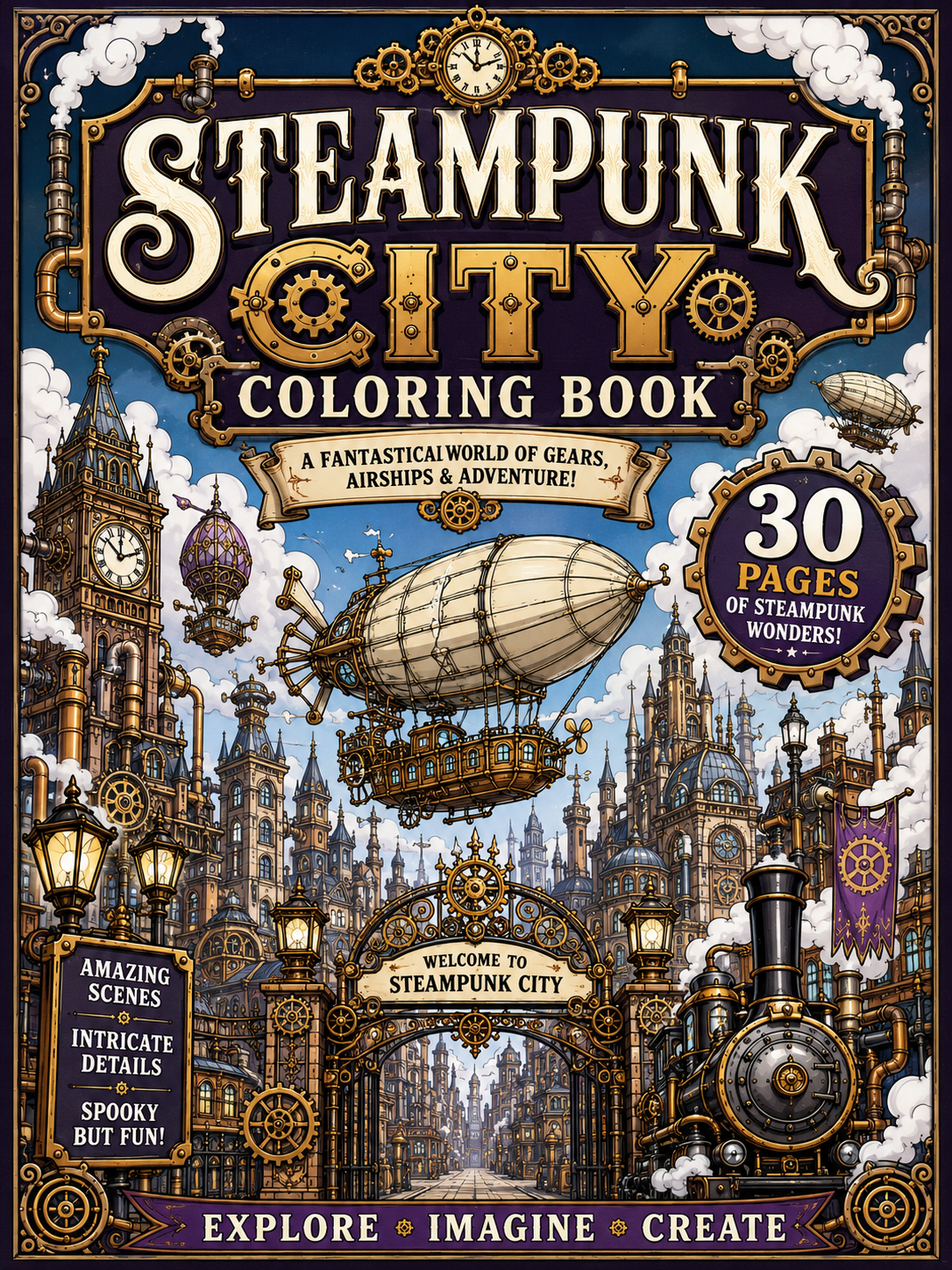 Steampunk City Coloring Book – Digital Download – 30 Printable Coloring Pages (PDF)
