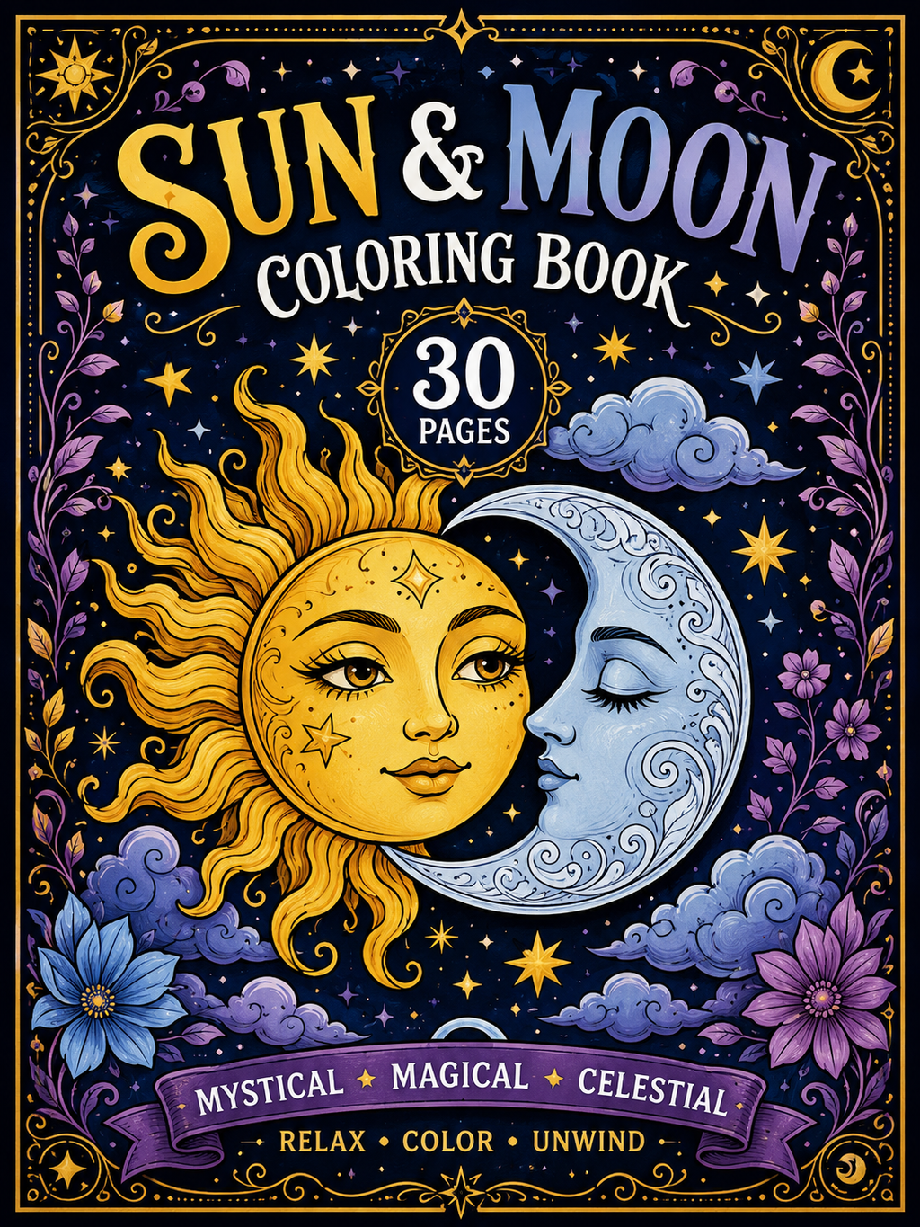Sun & Moon Coloring Book – Digital Download – 30 Printable Coloring Pages (PDF)