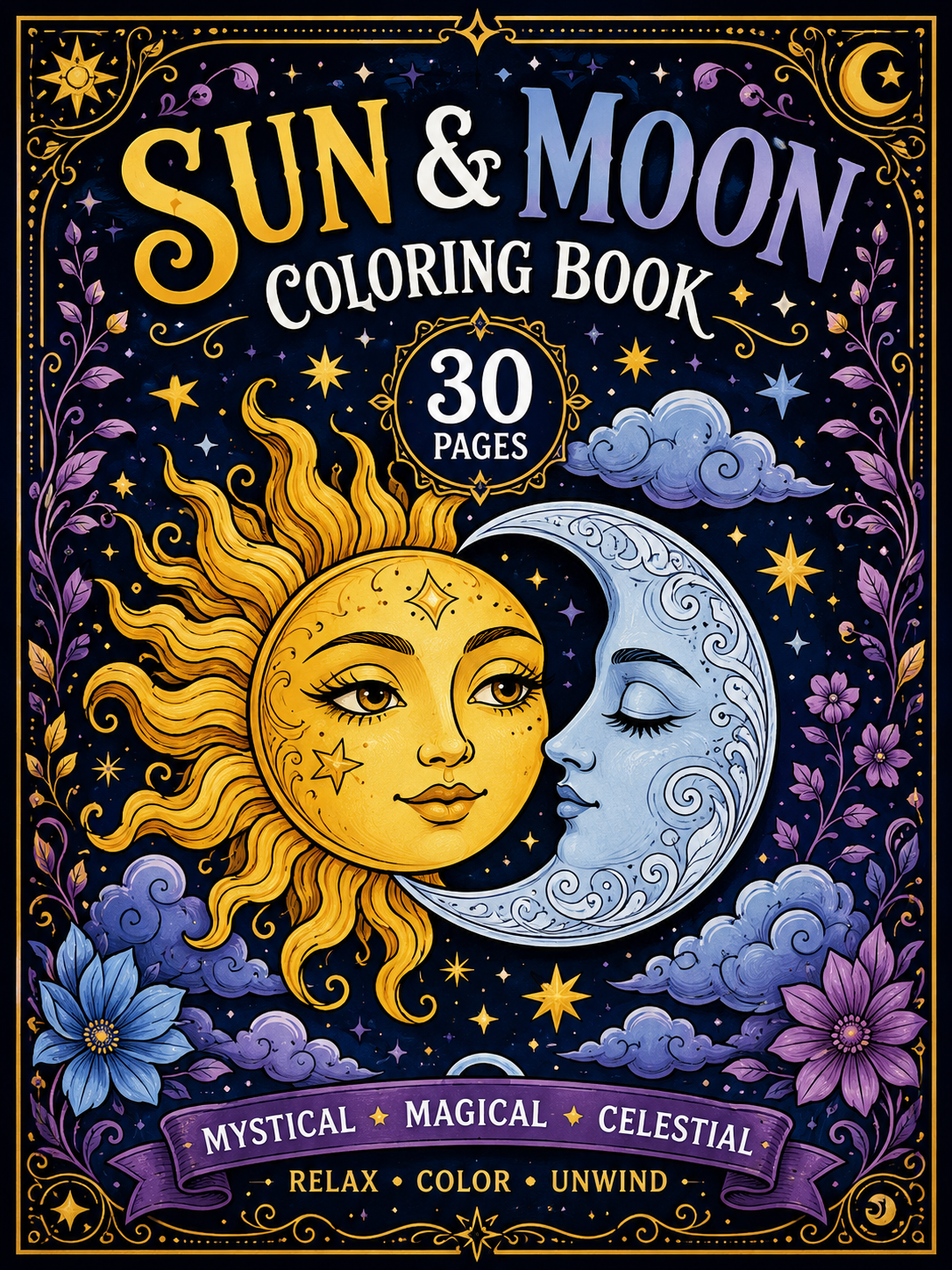 Sun & Moon Coloring Book – Digital Download – 30 Printable Coloring Pages (PDF)