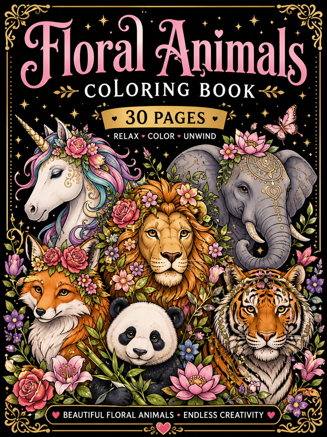 Floral Animals Coloring Book – Digital Download – 30 Printable Coloring Pages (PDF)