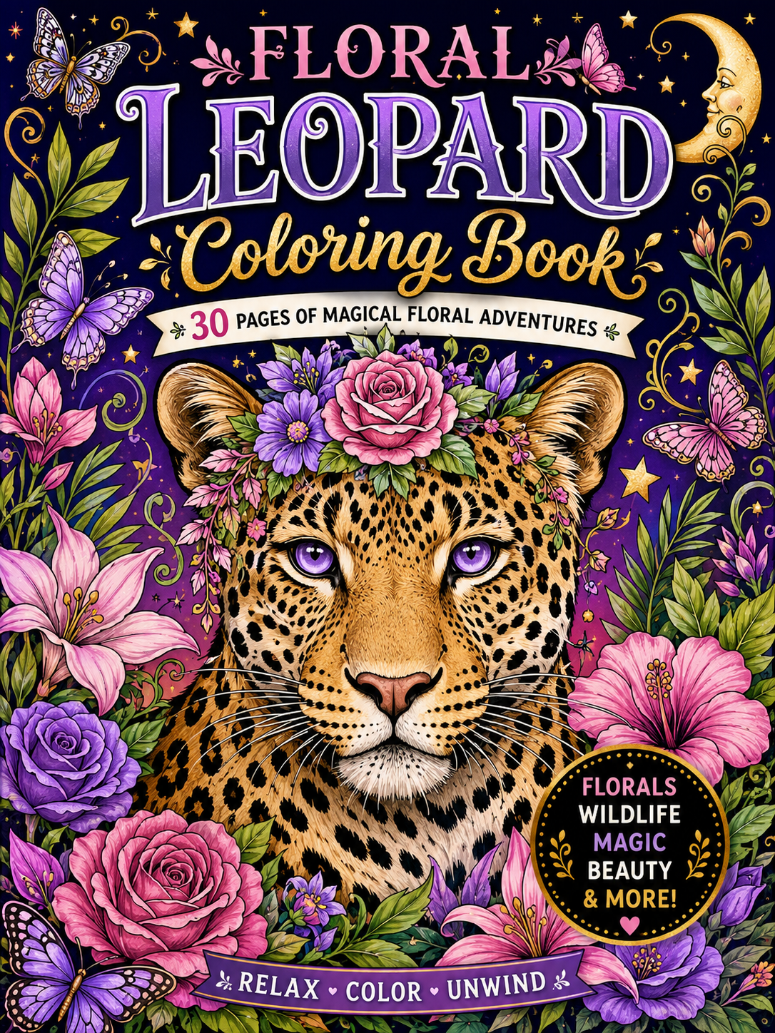 Floral Leopard Coloring Book – Digital Download – 30 Printable Coloring Pages (PDF)