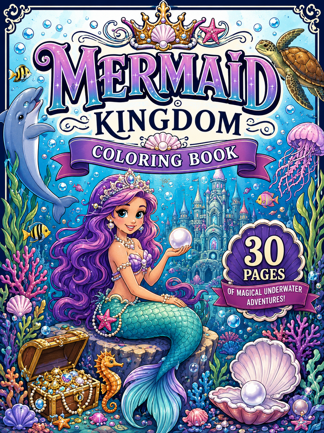 Mermaid Kingdom Coloring Book – Digital Download – 30 Printable Coloring Pages (PDF)