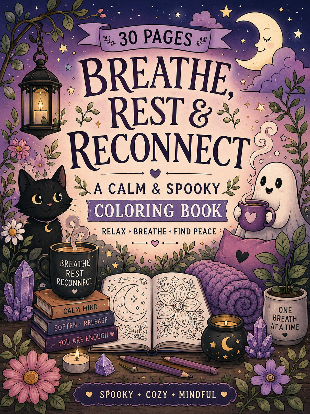 Breathe, Rest & Reconnect Coloring Book – Digital Download – 30 Printable Coloring Pages (PDF)