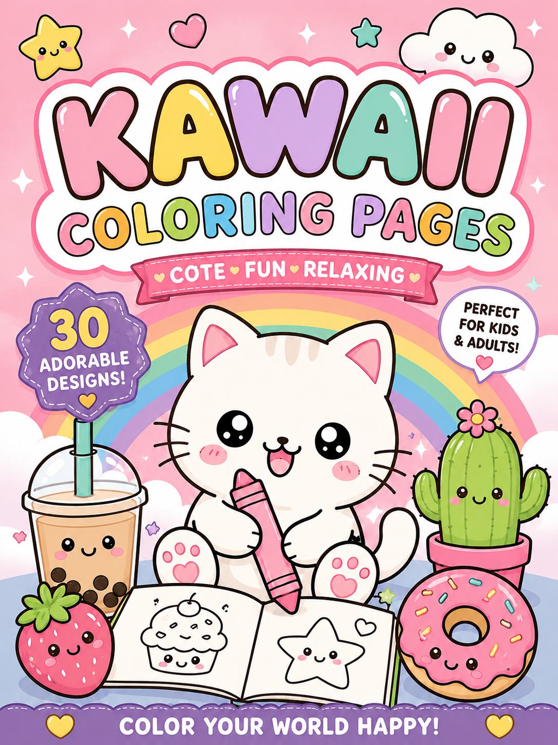 Kawaii Food Coloring Book – Digital Download – 30 Printable Coloring Pages (PDF)