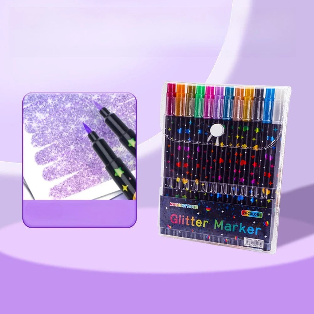 24 Colors Colorful Double-Ended Glitter Pens with Fast-Drying Glue-Like Ink - Fine Tip Tip-To-Base for Scrapbooking, Card Making