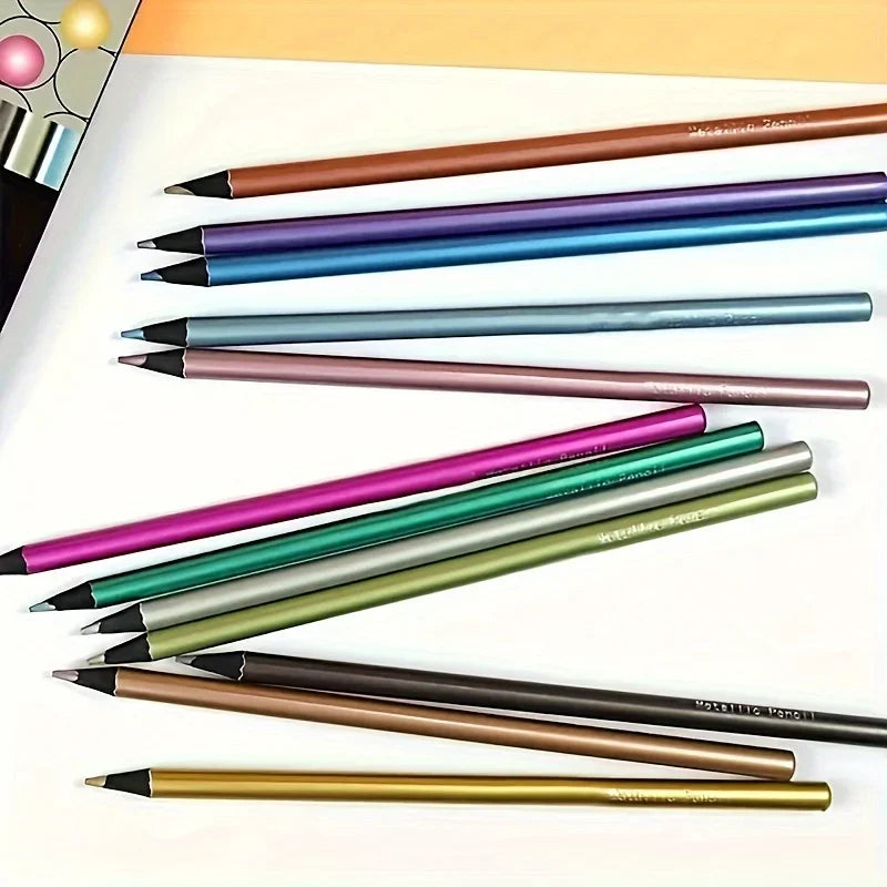 12pcs Shining Metal Colored Pencil Set - High Quality Art Supplies for Sketching and Drawing - Vibrant, Blended Colors