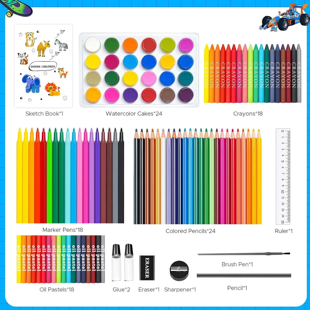 110PCS Arts & Crafts Supplies Coloring Pens Set Painting Set With Markers/Crayons/Colored Pencils/Oil Pastels/Watercolor Cakes