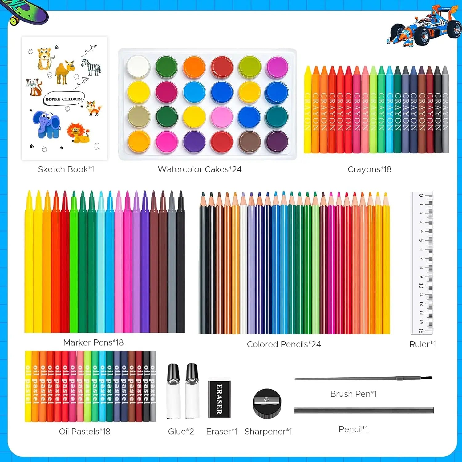 110PCS Arts & Crafts Supplies Coloring Pens Set Painting Set With Markers/Crayons/Colored Pencils/Oil Pastels/Watercolor Cakes