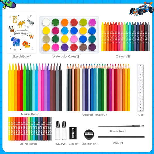 110PCS Arts & Crafts Supplies Coloring Pens Set Painting Set With Markers/Crayons/Colored Pencils/Oil Pastels/Watercolor Cakes