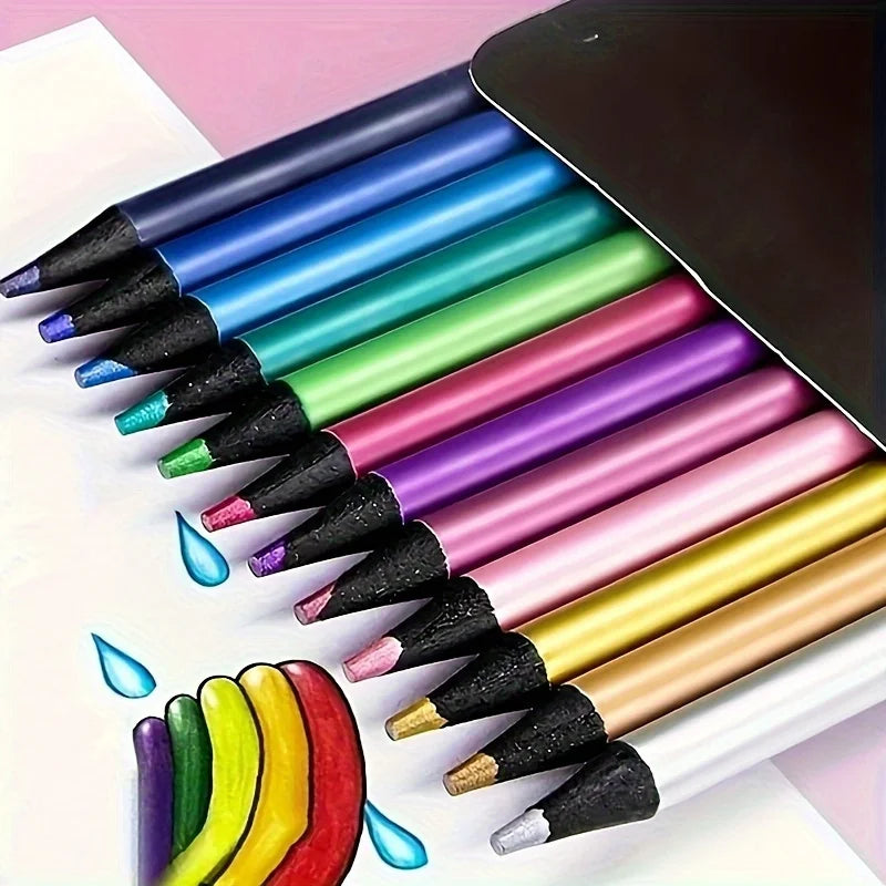 12pcs Shining Metal Colored Pencil Set - High Quality Art Supplies for Sketching and Drawing - Vibrant, Blended Colors