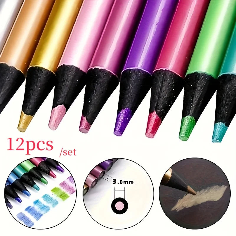 12pcs Shining Metal Colored Pencil Set - High Quality Art Supplies for Sketching and Drawing - Vibrant, Blended Colors