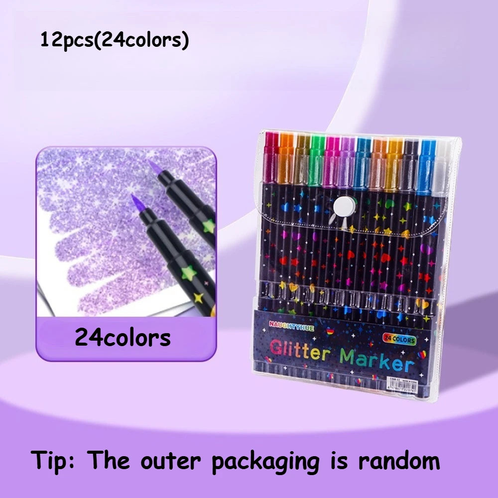 24 Colors Colorful Double-Ended Glitter Pens with Fast-Drying Glue-Like Ink - Fine Tip Tip-To-Base for Scrapbooking, Card Making