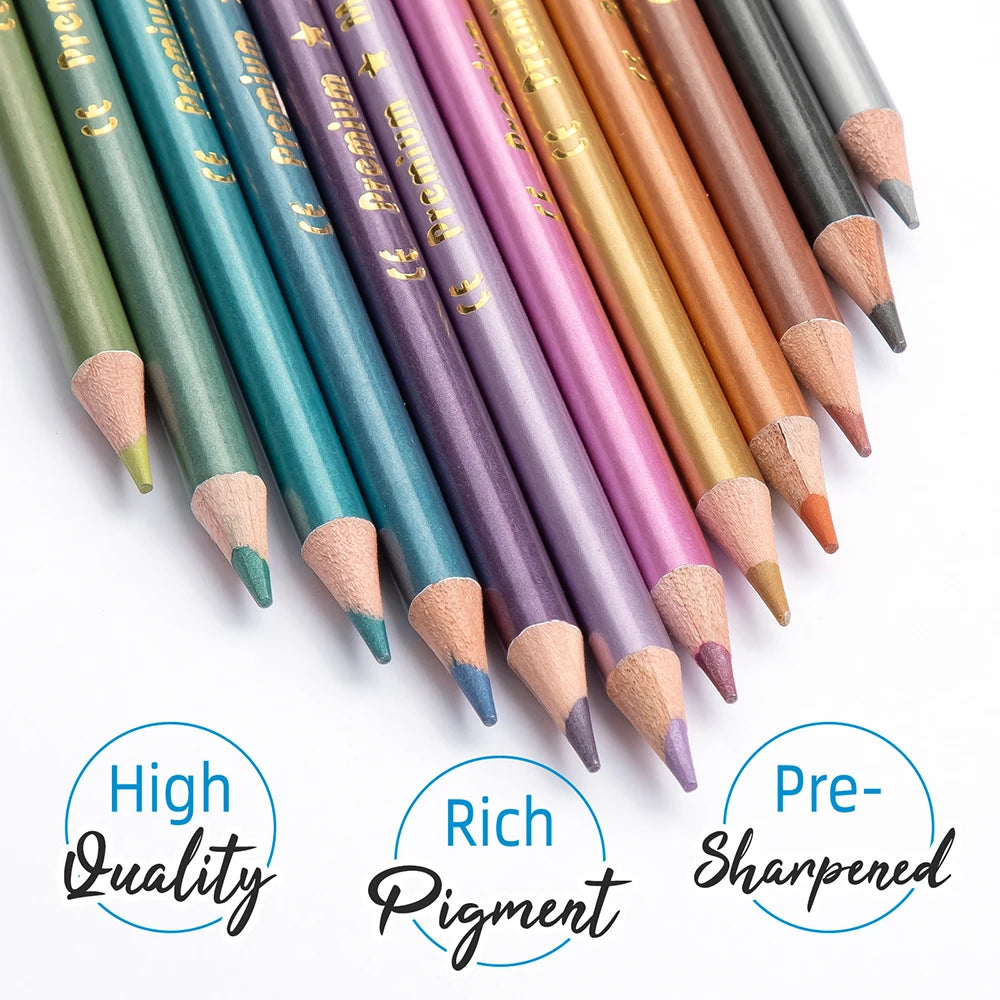 Brilliant Color Metallic Colored Pencils, 12 Pcs Assorted Drawing Colored Pencils for Adult Artists Coloring