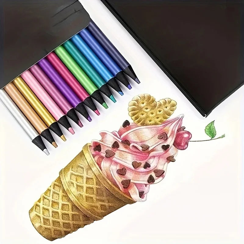 12pcs Shining Metal Colored Pencil Set - High Quality Art Supplies for Sketching and Drawing - Vibrant, Blended Colors