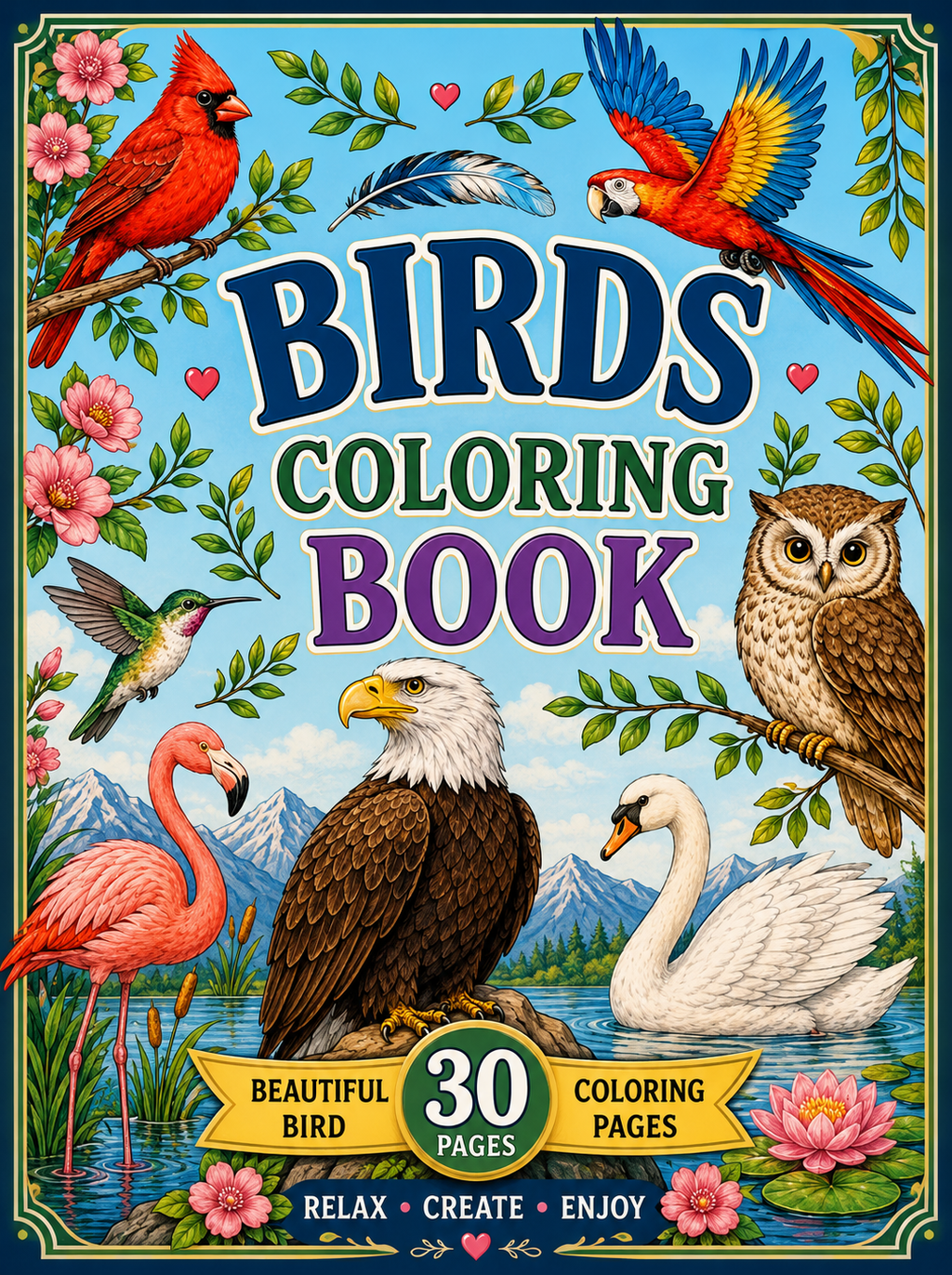 Birds Coloring Book - Digital Download 30 Printable Coloring Page (PDF)