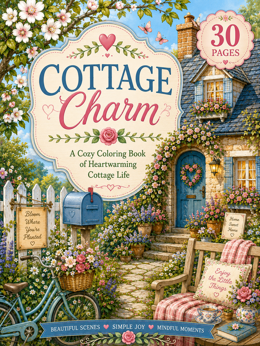 Cottage Charm – Digital Coloring Book – Digital Download – 30 Printable Coloring Pages (PDF)