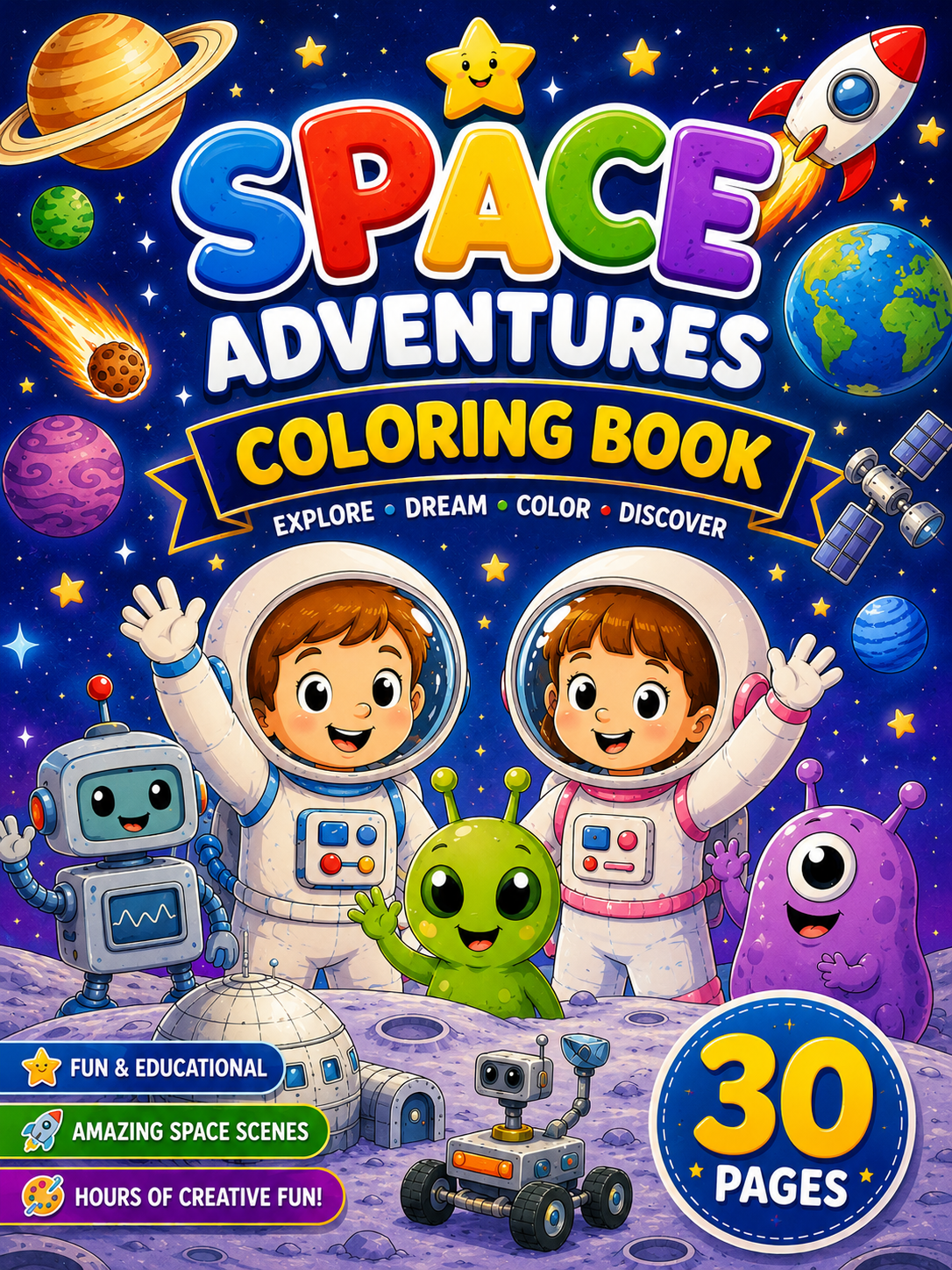 Space Adventures Coloring Book– Digital Download – 30 Printable Coloring Pages (PDF)