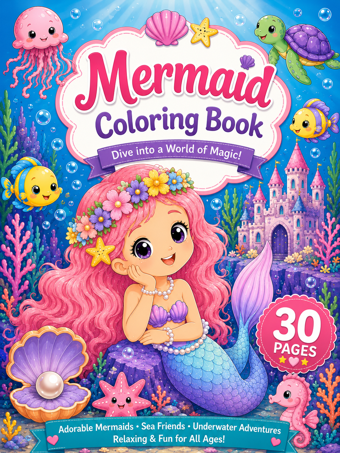 Mermaid Coloring Book – Digital Download – 30 Printable Coloring Pages (PDF)