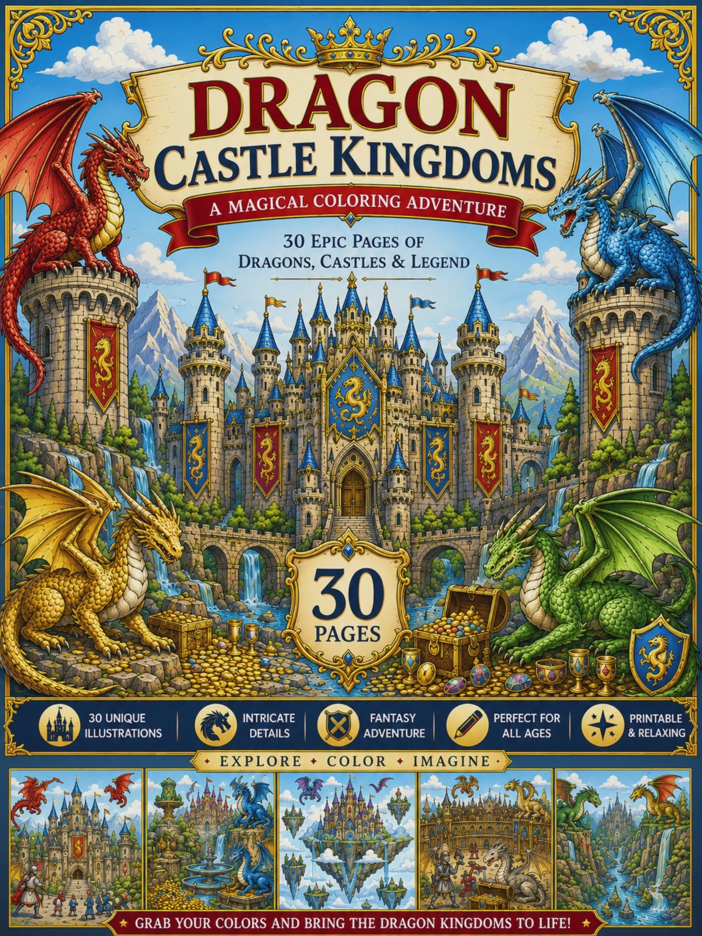 Dragon Castle Kingdoms – Digital Download – 30 Printable Coloring Pages (PDF)