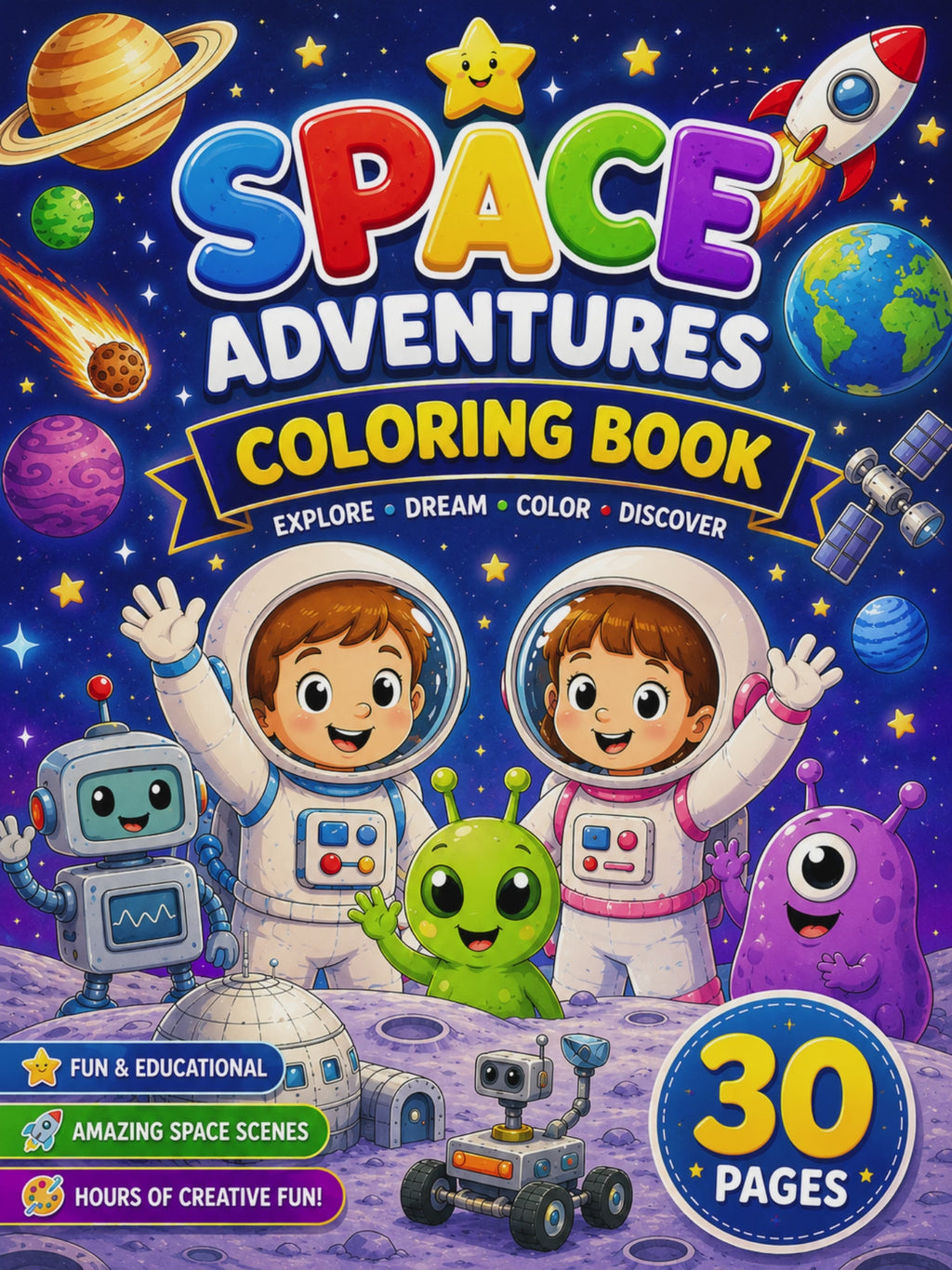 Space Adventures Coloring Book– Digital Download – 30 Printable Coloring Pages (PDF)